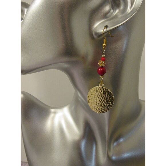 Gold Hammered Disc Earrings with Red and CZ accents - Picture 6 of 7